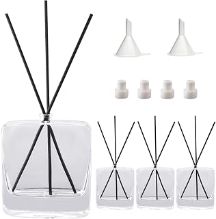 4PCS Empty Clear Glass Diffuser Bottles,100ML/3.5Oz Refillable Fragrance Set with 20pcs Reeds Sticks & Rubber Stopper & Funnels for DIY Essential Oil