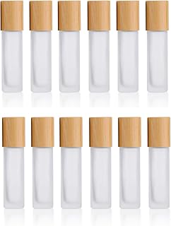 12 Pcs Frosted Glass Roller Bottles 10ml(1/3oz) Roll on Bottle With Metal Roller Ball&Bamboo Lids For Perfume Essential Oil Aromatherapy Lip Balms