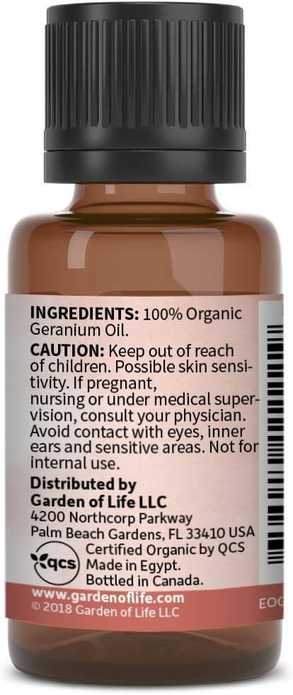 Garden of Life Essential Oil, Geranium 0.5 fl oz (15 mL), 100% USDA Organic & Pure, Clean, Undiluted & Non-GMO, for Diffuser, Aromatherapy, Meditation - Balance, Relaxation, Calming, Floral, Aromatic