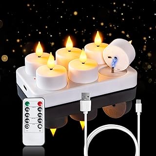 Homemory Rechargeable Tea Lights Flameless Candles with Remote Timer, Battery Operated LED Tealight Candles, USB Candles for Wedding Table Centerpiece Reception Banquet Christmas Halloween, 6-Pack