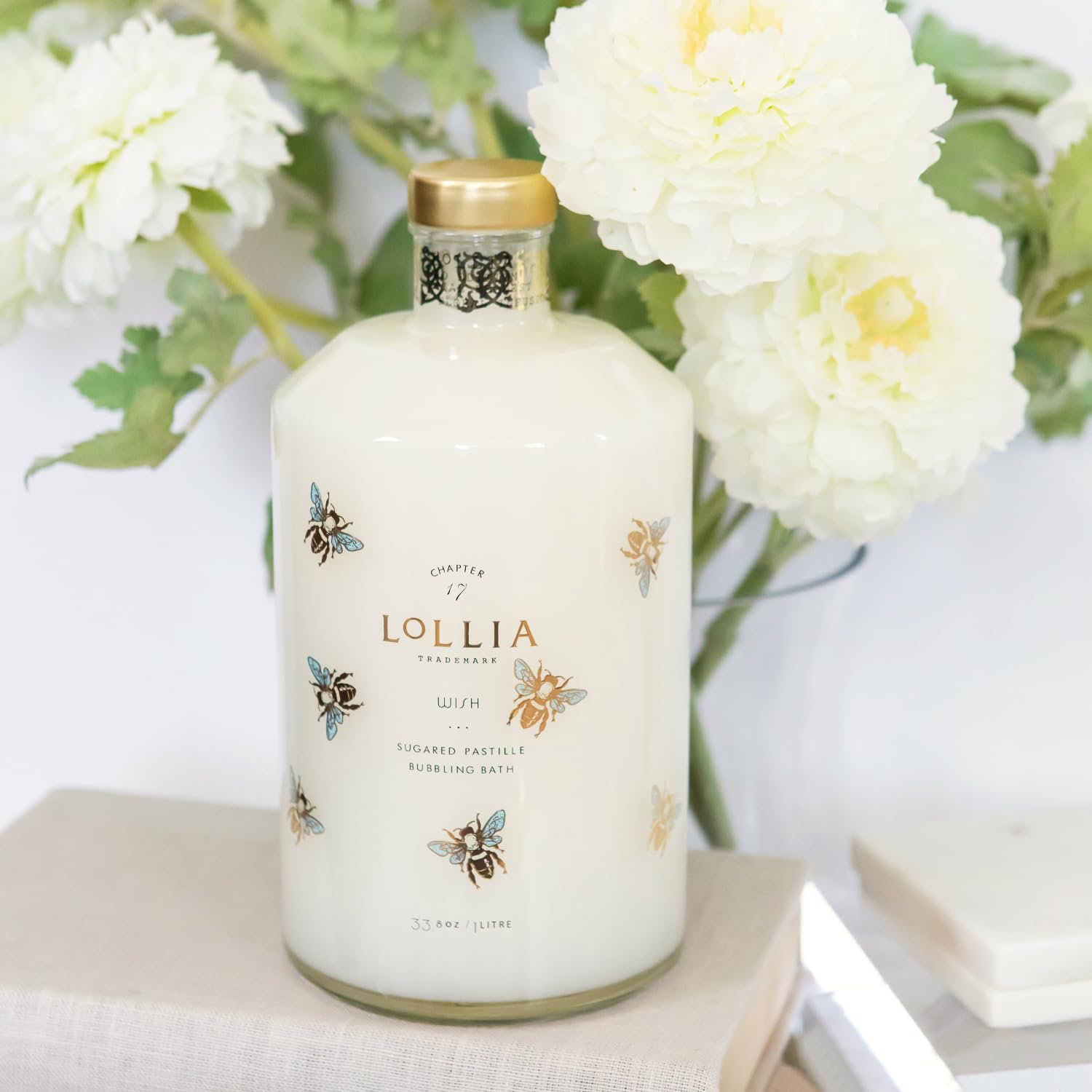 LOLLIA Wish Bubble Bath, 33.8 fl oz / 1 L, Vanilla Bean, Rice Flower, Jasmine Leaves & Sugar Cane Scent, Luxury Hydrating & Relaxing Bubble Skin Care for Women, Delicate Bubbling Bath, Glass Bottle