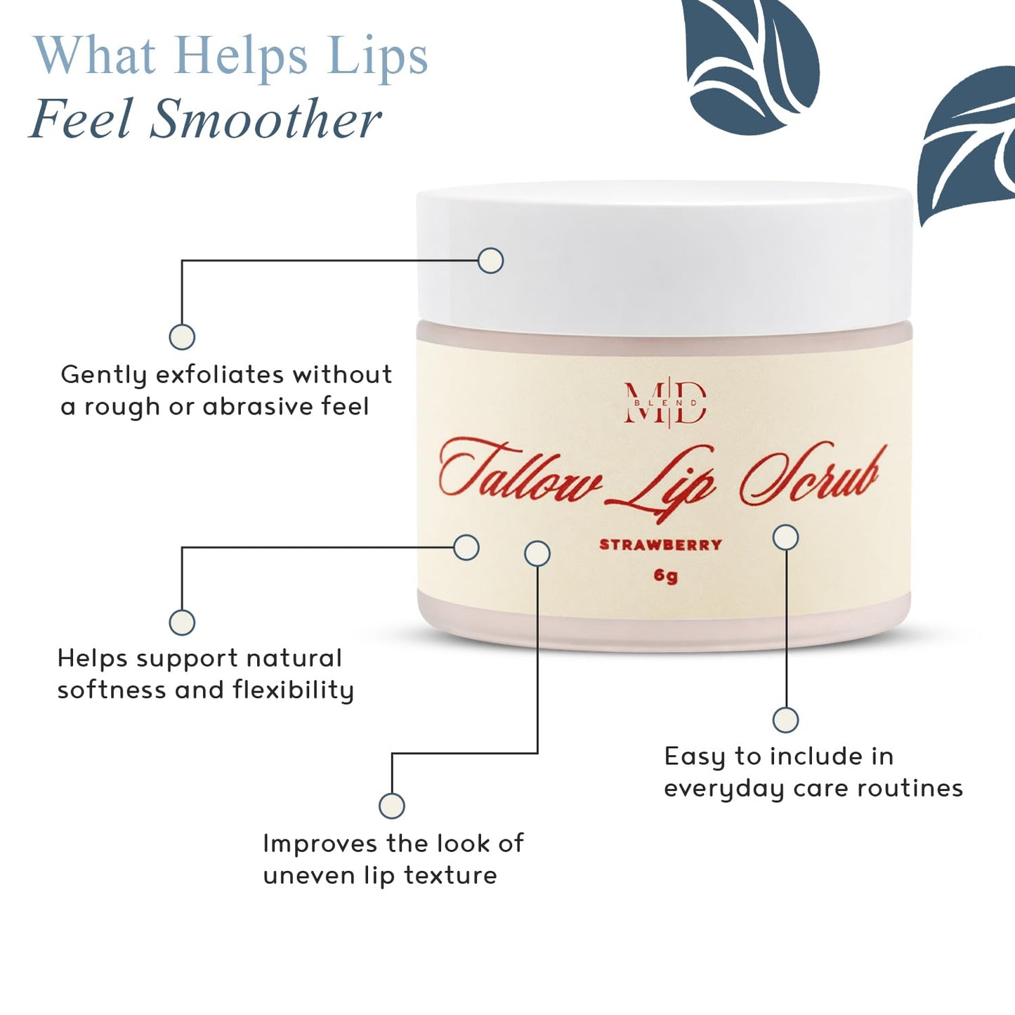 Tallow Lip Scrub Strawberry Flavor – All Natural Lip Scrub with Sugar Exfoliator, Moisturizing Tallow, Sunflower & Sweet Almond Oils for Soft, Smooth, Healthy, Nourished Lips