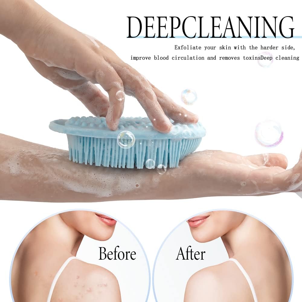 PQRUU 3 Pack Silicone Body Scrubber, Exfoliating Soft Loofah Bath Body Scrubbers for Use in Shower, Exfoliating Body Scrubber Fit for All Kinds of Skin, Rapid Foaming Black+Blue+Pink