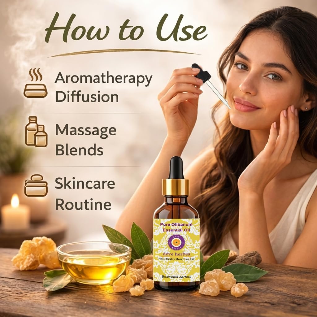 Deve Herbes Pure Olibanum Essential Oil (Boswellia carterii) with Glass Dropper Steam Distilled 30ml (1 oz)