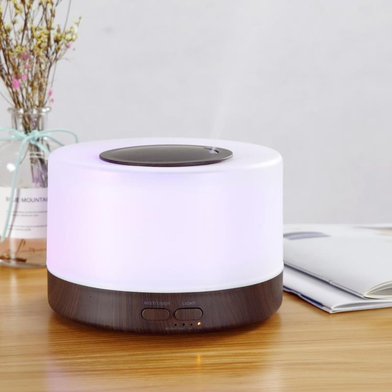 6 Oils, 500ml Ultrasonic Essential Oil Diffuser, Remote Control Wood Humidifier with 7 LED Mood Lights, Aromatherapy Diffuser for Home, Office, and Relaxation (Walnut Wood)