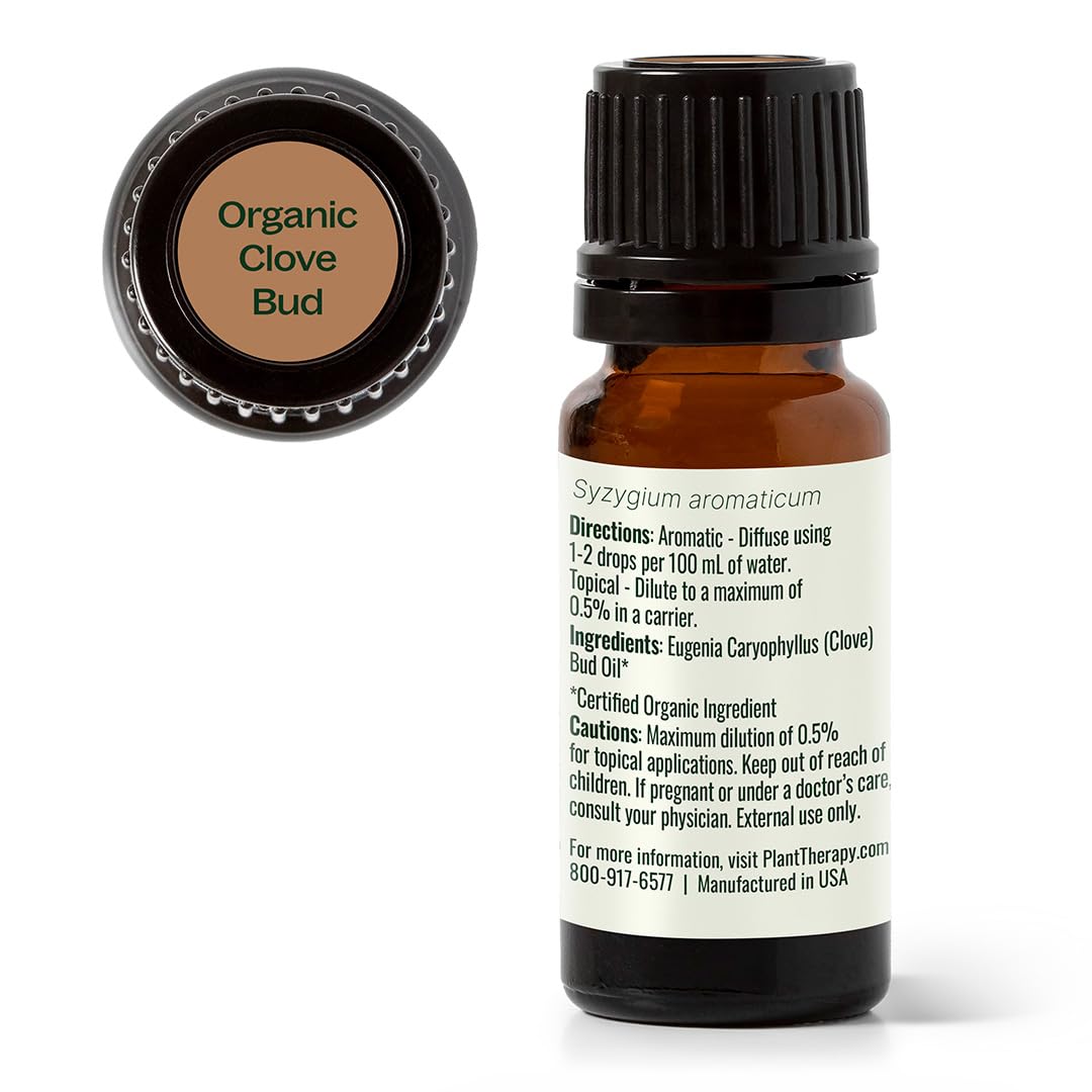 Plant Therapy Organic Clove Bud Essential Oil, 10 mL (1/3 oz), 100% Pure and Undiluted, USDA Certified Organic, Fresh and Spicy Scent, Great for Aromatherapy