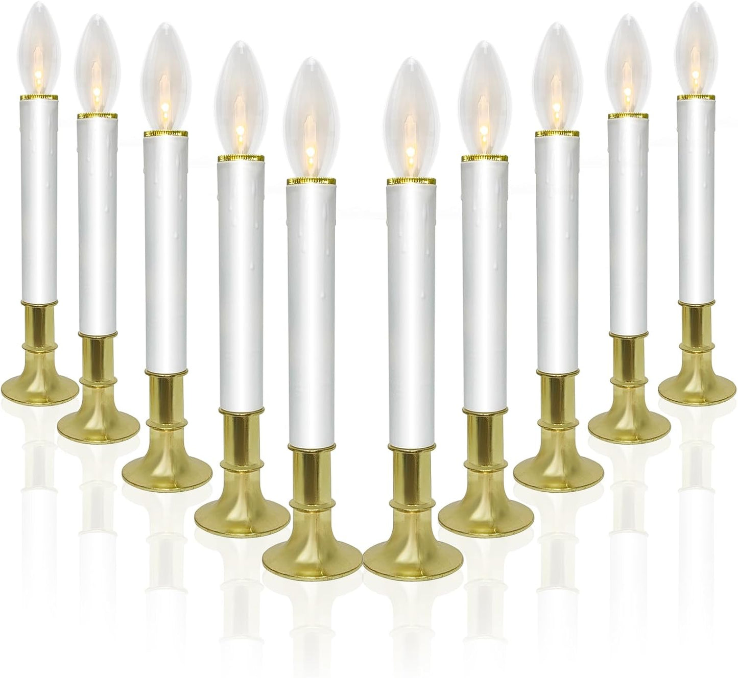 10 Pack Ultra-Bright LED Christmas Window Candles with Brass-Plated Base, Battery Operated Flameless Candles with LED C26 Warm White Bulbs Christmas Window Lights for Holiday Home Wedding Decorations