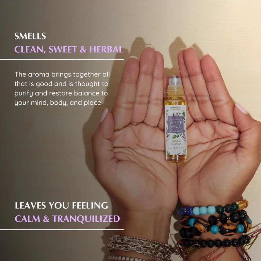 White Sage & Lavender Essential Oil Roll-On Blend by Aromafume | 10ml/0.33 fl oz | Aromatherapy Oil for Cleansing Negative Energy & Protection | Ethically sourced | Sage Oil for Smokeless Smudging