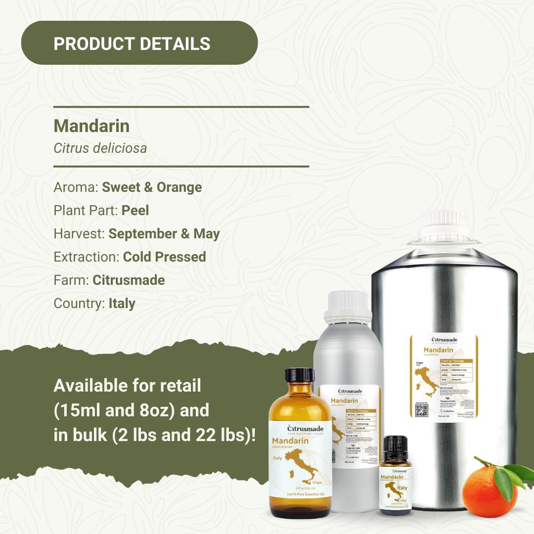 Pure Mandarin Essential Oils - Direct from Citrusmade Italy for Diffusers, Aromatherapy, Home Fragrance & Bath - Natural Aceite de Mandarina for Massage (8oz)