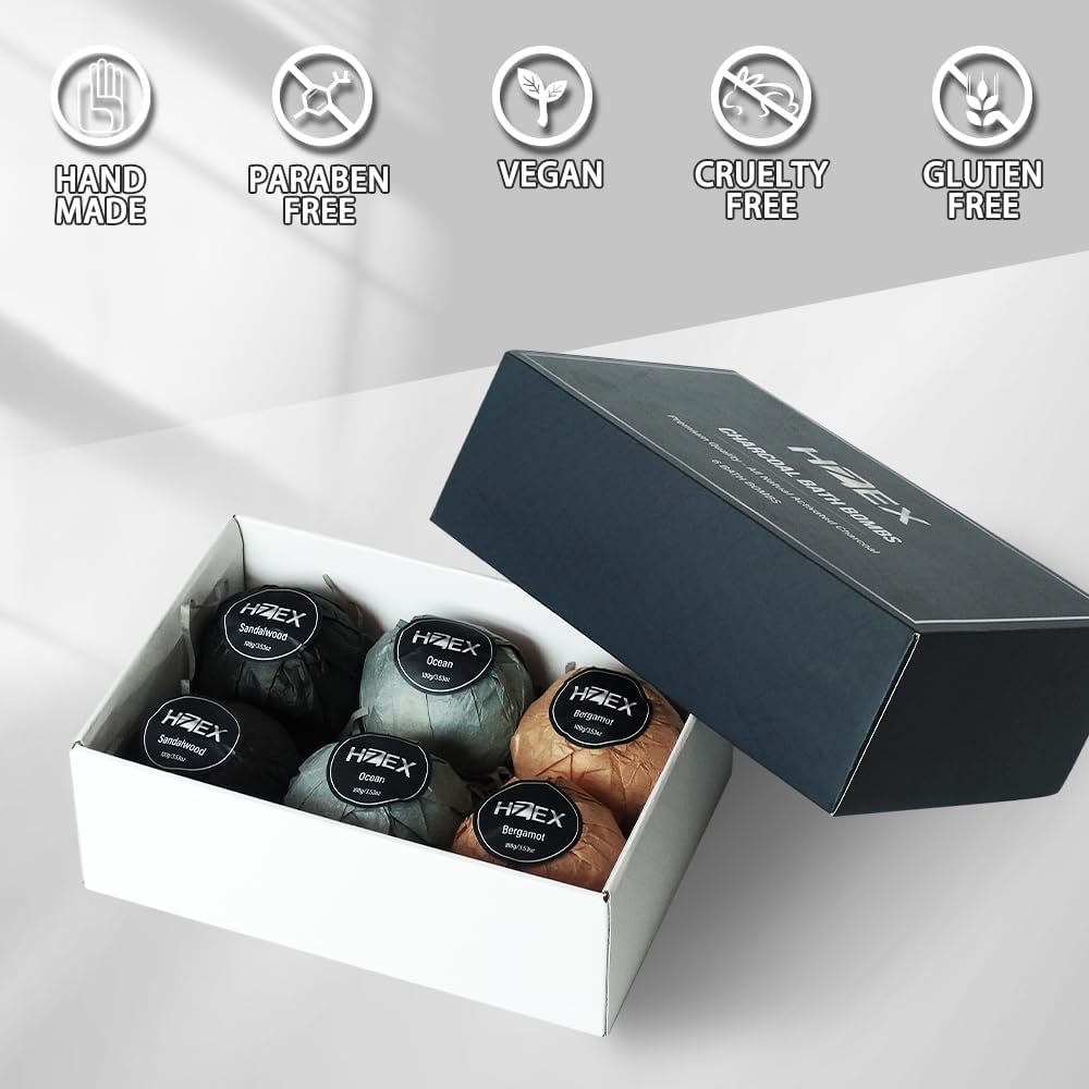 HZEX Charcoal Activated Bath Bombs for Men – Detox with Handmade Organic 6 Pack Bath Bomb Set, up to 3 Scents (Sandalwood, Bergamot, Ocean), Individually Wrapped (Mixed)