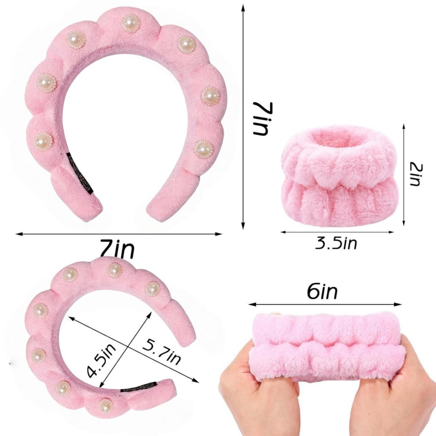 Pearl Rhinestone Headband for Women Girls Terry Cloth Spa Headband for Washing Face Makeup Skincare Puffy Head band (Pink)