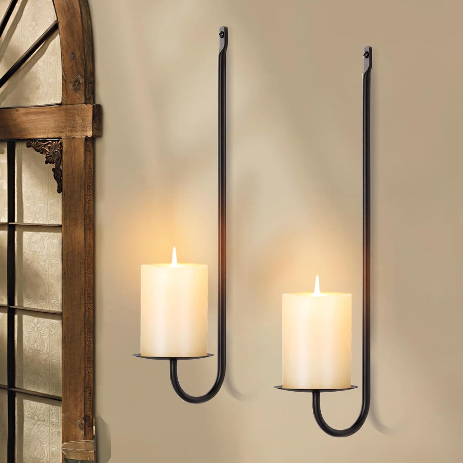 Candle Sconces Set of 2, 16.5 Inch Taper & Pillar Wall Candle Holder, Black Wall Sconces Set of Two, Decor for Entryway, Stair Corner, Living Room, Gifts for Men Women Mom or Dad