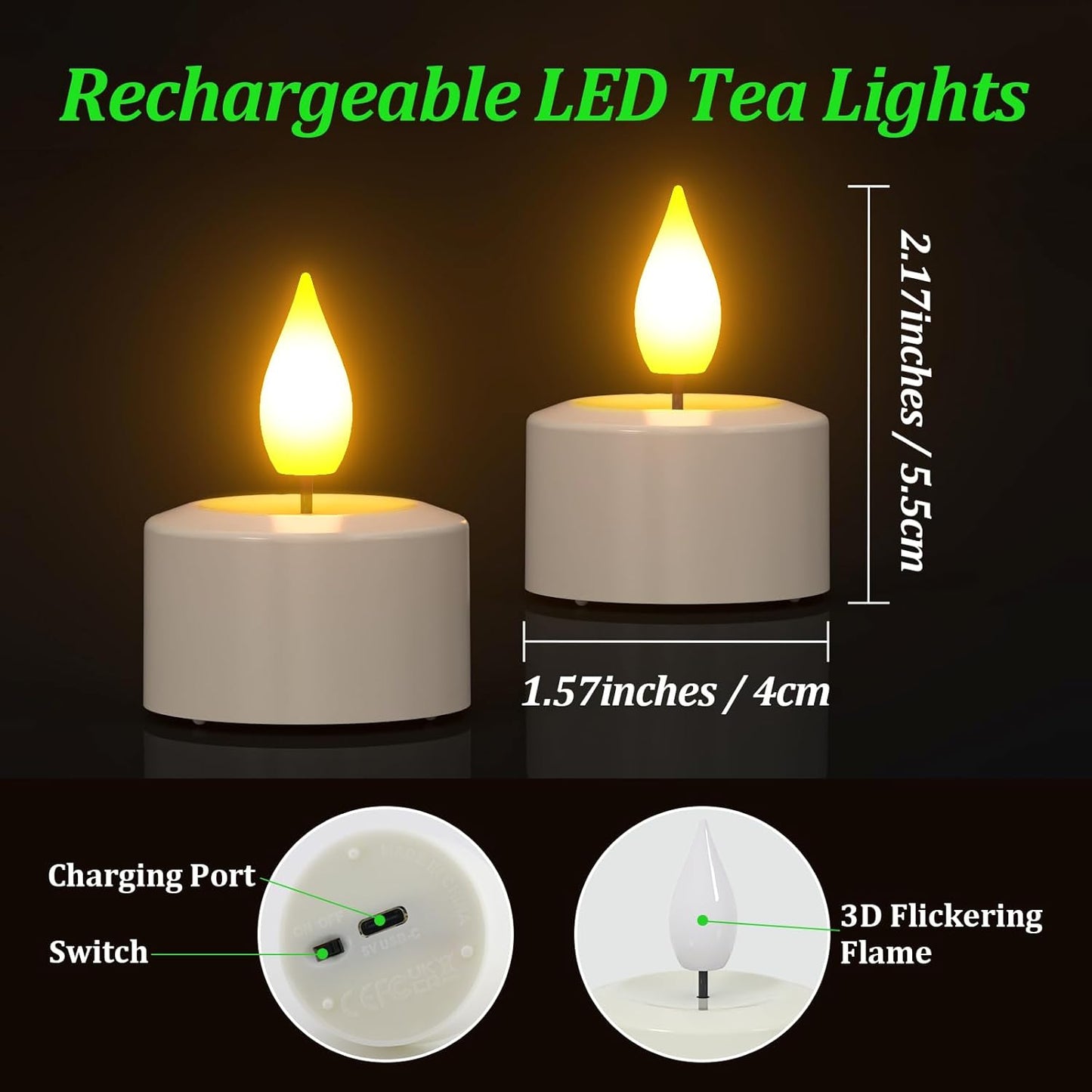 SoulBay Rechargeable Flameless LED Tea Lights Candles with Remote Control, 2.17" x 1.57", Set of 2, USB Charging Cable Included