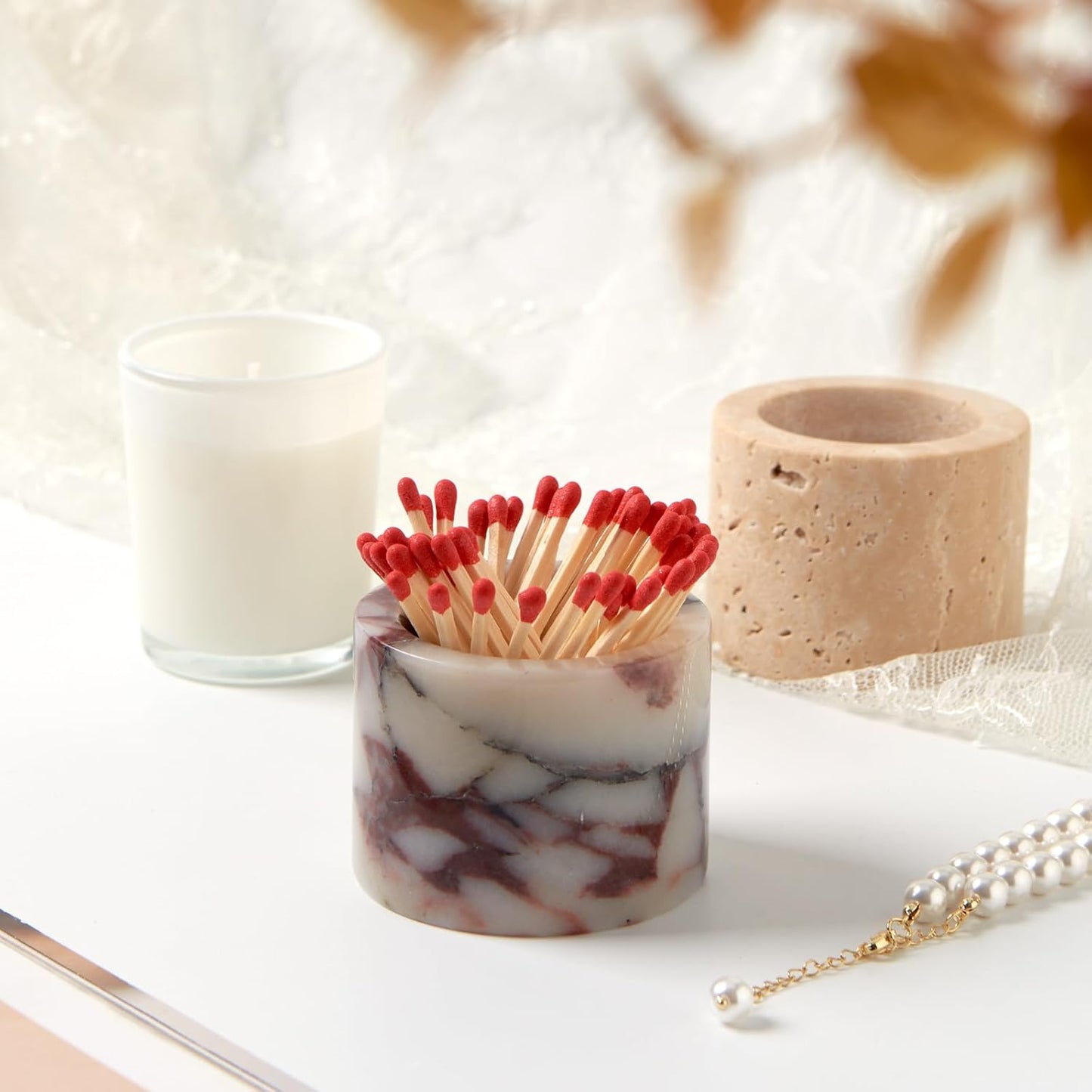Luxury Natural Marble Match Holder with Striker –Small 2.5" x 2" Calacatta Viola Stone Decorative Matchbox for Bathroom Candles & Fireplace, Cute Match Jar for Home Decor Gift (Matches Not Included)