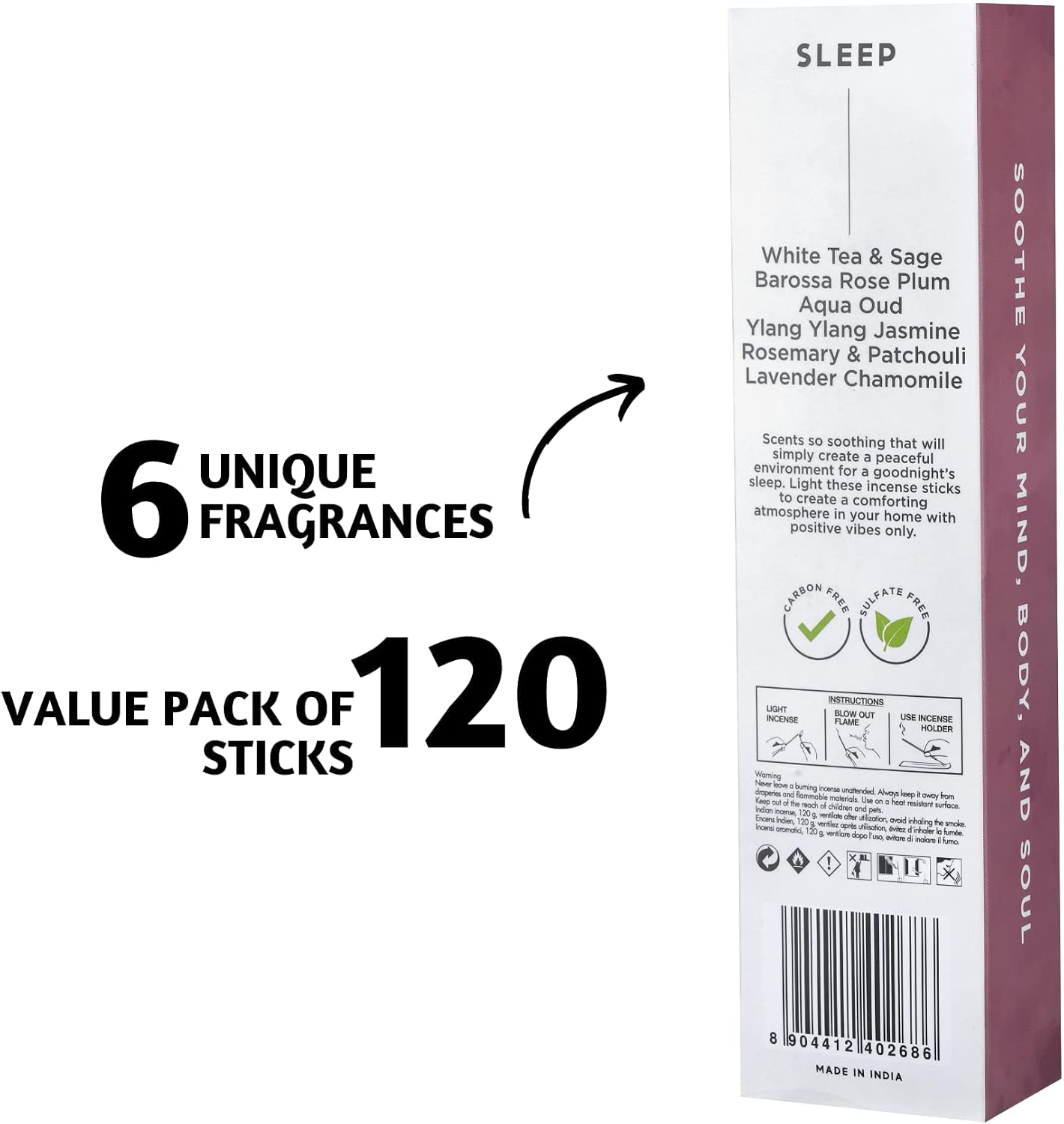 Folkulture Incense Sticks (120 Sticks) | Set of 6 Organic Aromatherapy Incense Sticks for Sleep, Relaxation, Meditation & Yoga | No Charcoal, Non-Toxic, 45-Minute Burn Time