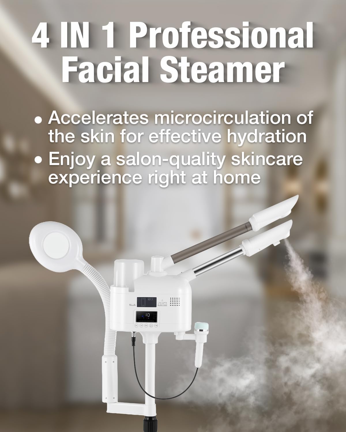 Professional 4-in-1 Facial Steamer with Hot and Cold Nozzles and 5X LED Magnifying Lamp and Ultrasonic Equipment—Ideal for Estheticians and Beauty Professionals, for Use at Home or in the Salon