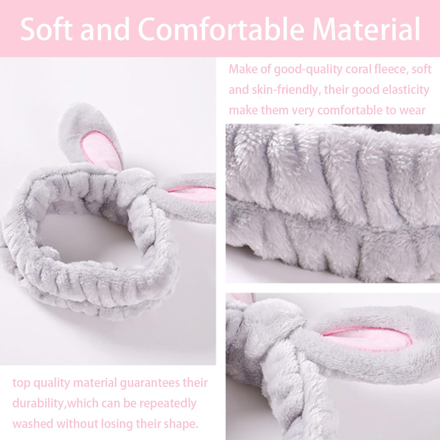 musejoy 2 Pcs Headband Bunny Ears Headband Cute Spa Headbands for Washing Face Skincare Makeup Headbands for Women Girls Trendy Stuff Present Soft Coral Fleece Hair Accessories(Pink+White)