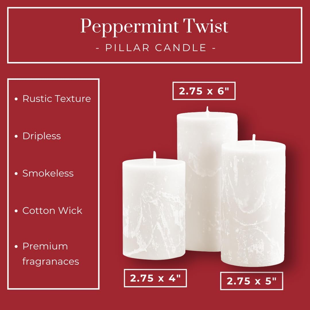 Peppermint Candle, Set of 3, 3x4, 3x5, 3x6 Scented Pillar Candles, Christmas, Holiday Home Accent, Candy Cane Aroma, Fresh Winter Scent, Seasonal Gift Candle for Men and Women