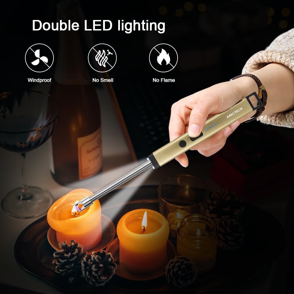 ARECTECH Candle Electric Lighter Rechargeable USB Arc Lighter for Candle Camping Fireworks Christmas Birthday Gifts with LED Light for Men Women Pink