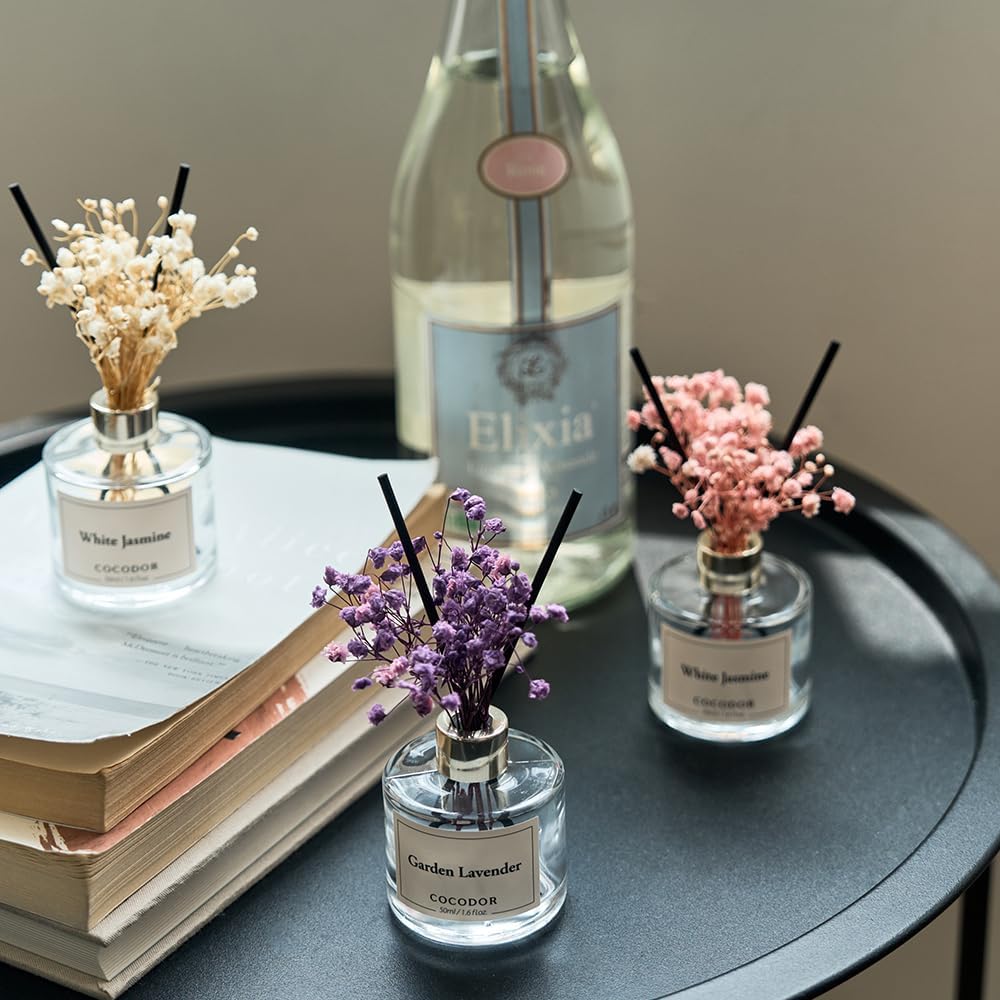 COCODOR Real Flower Reed Diffuser Set of 3/Black Cherry,Lemon Eucalyptus,Garden Lavender/1.6oz Each Pack/Home Fragrance Diffuser, Oil Scent Diffuser for Bathroom Shelf Decor