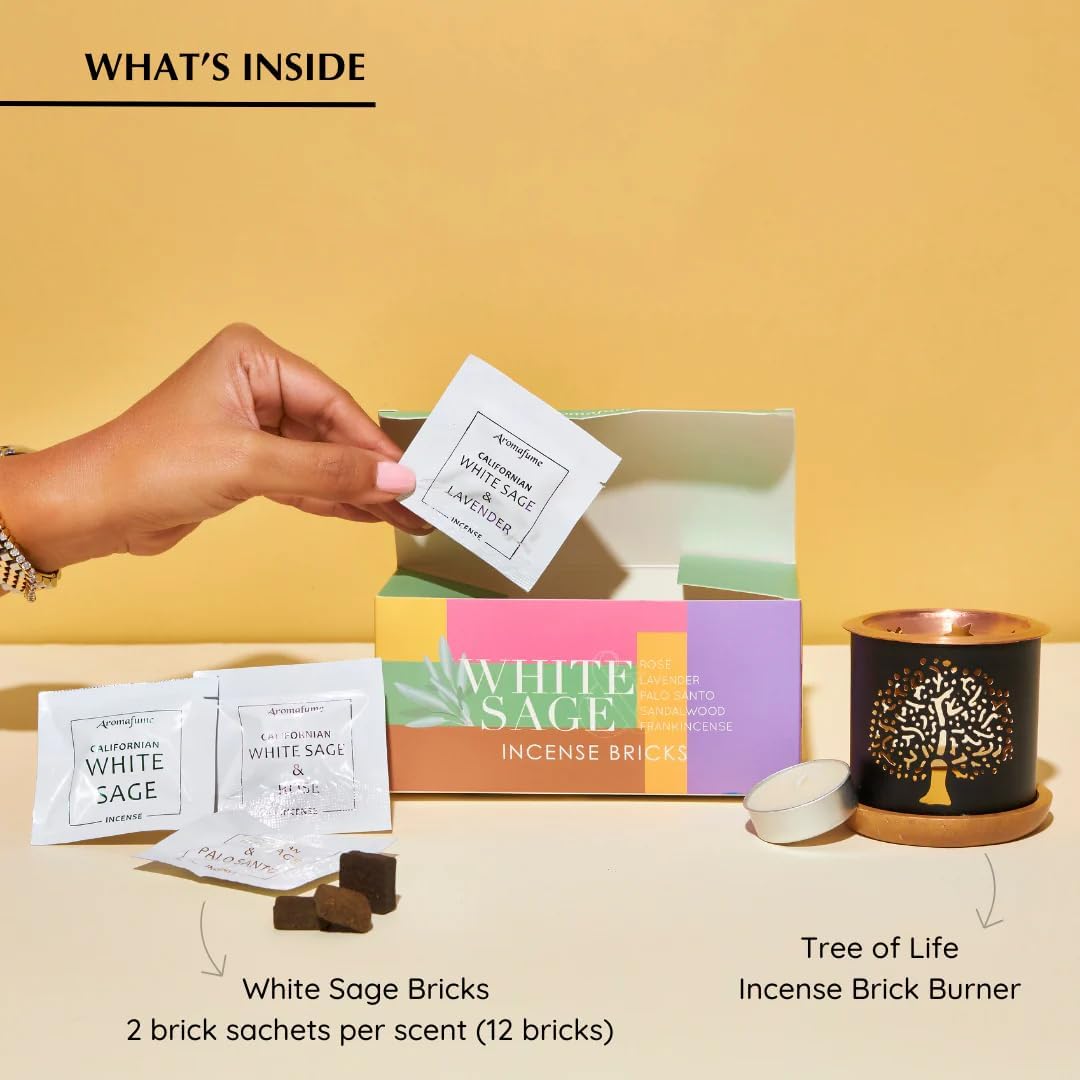 White Sage Incense Brick Gift Set by Aromafume | 12 Bricks & Tree of Life Exotic Burner | White Sage with Rose, Lavender, Palo Santo, Sandalwood, Frankincense | Sage for Cleansing, Smokeless Smudging