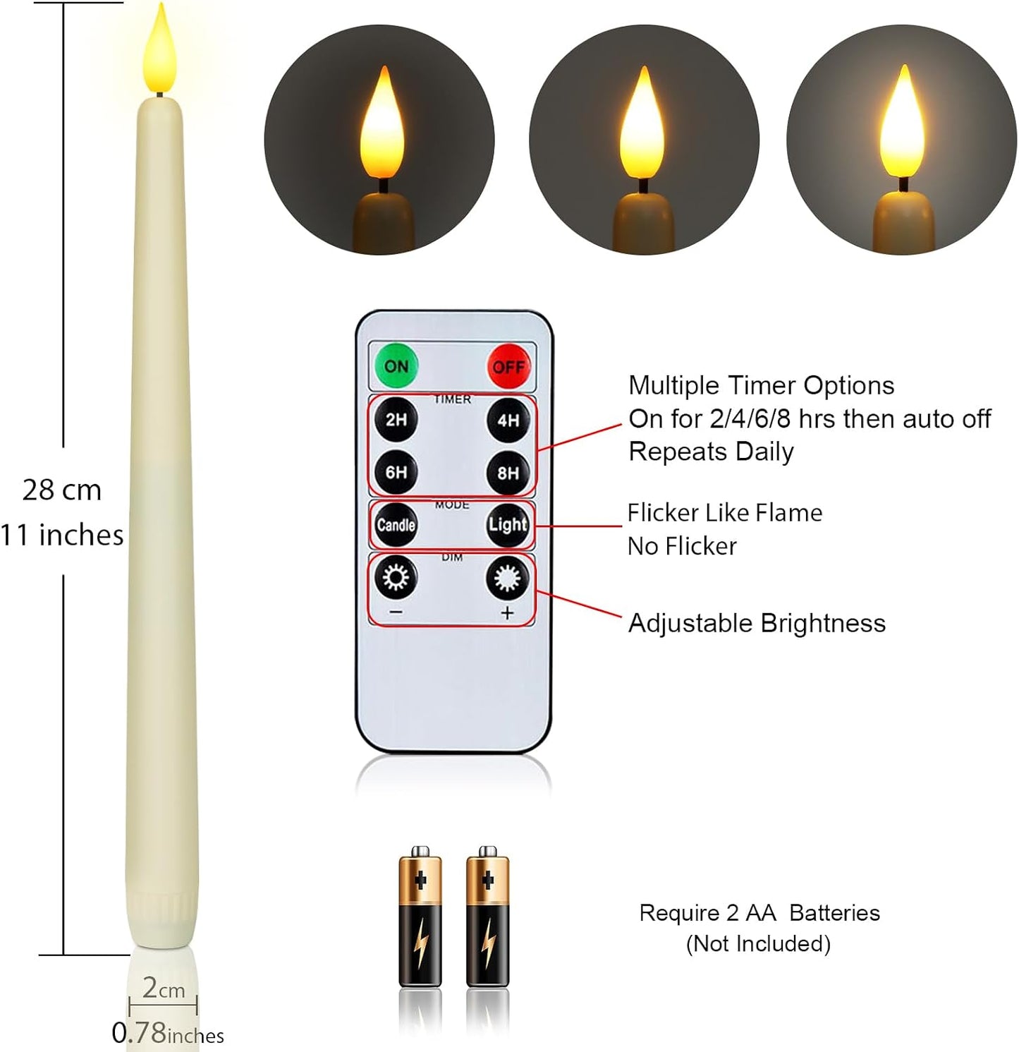 Homemory 12 Pcs Flameless Taper Candles with Remote Timer Dimmer, 11 inches Ivory Taper Candles Battery Operated, Plastic LED Candlesticks with Flickering Flame for Halloween Christmas Church Wedding