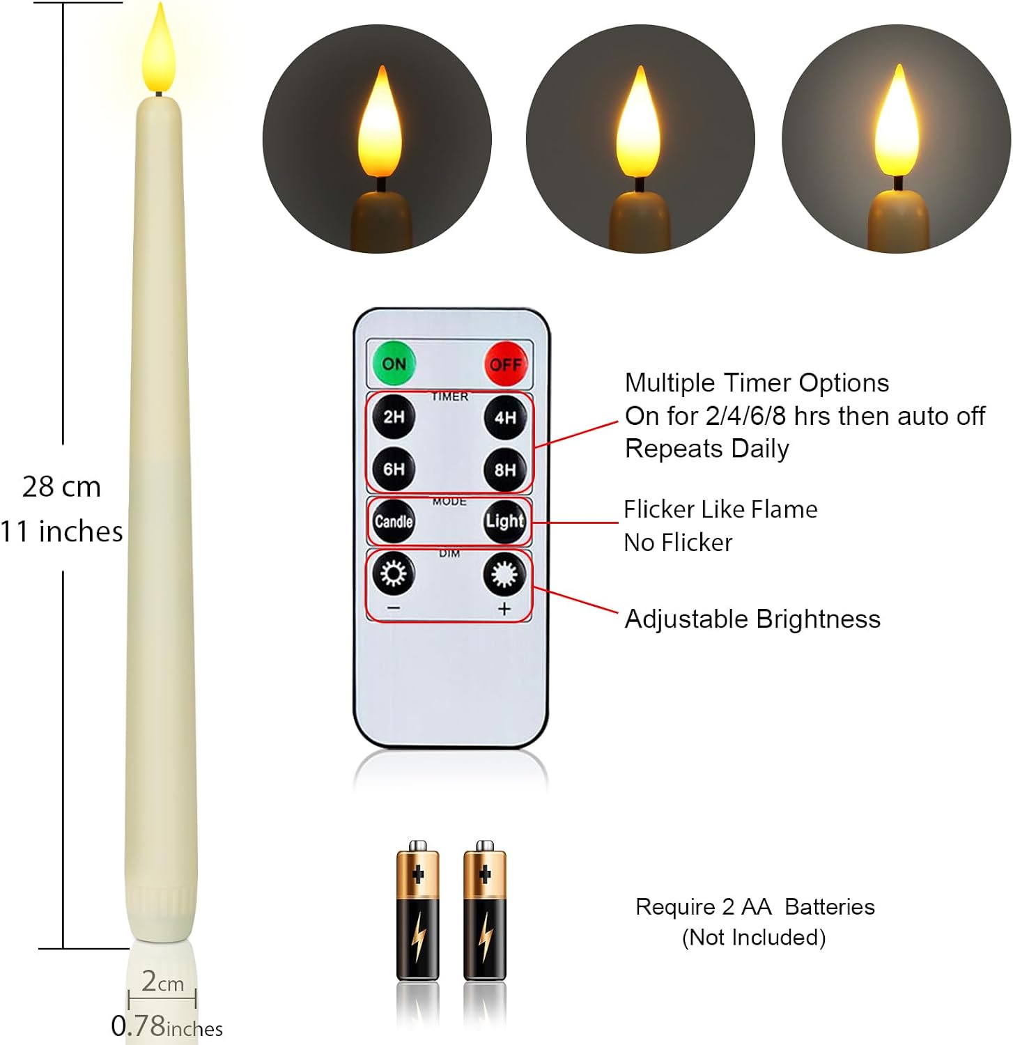 Homemory 12 Pcs Flameless Taper Candles with Remote Timer Dimmer, 11 inches Ivory Taper Candles Battery Operated, Plastic LED Candlesticks with Flickering Flame for Halloween Christmas Church Wedding