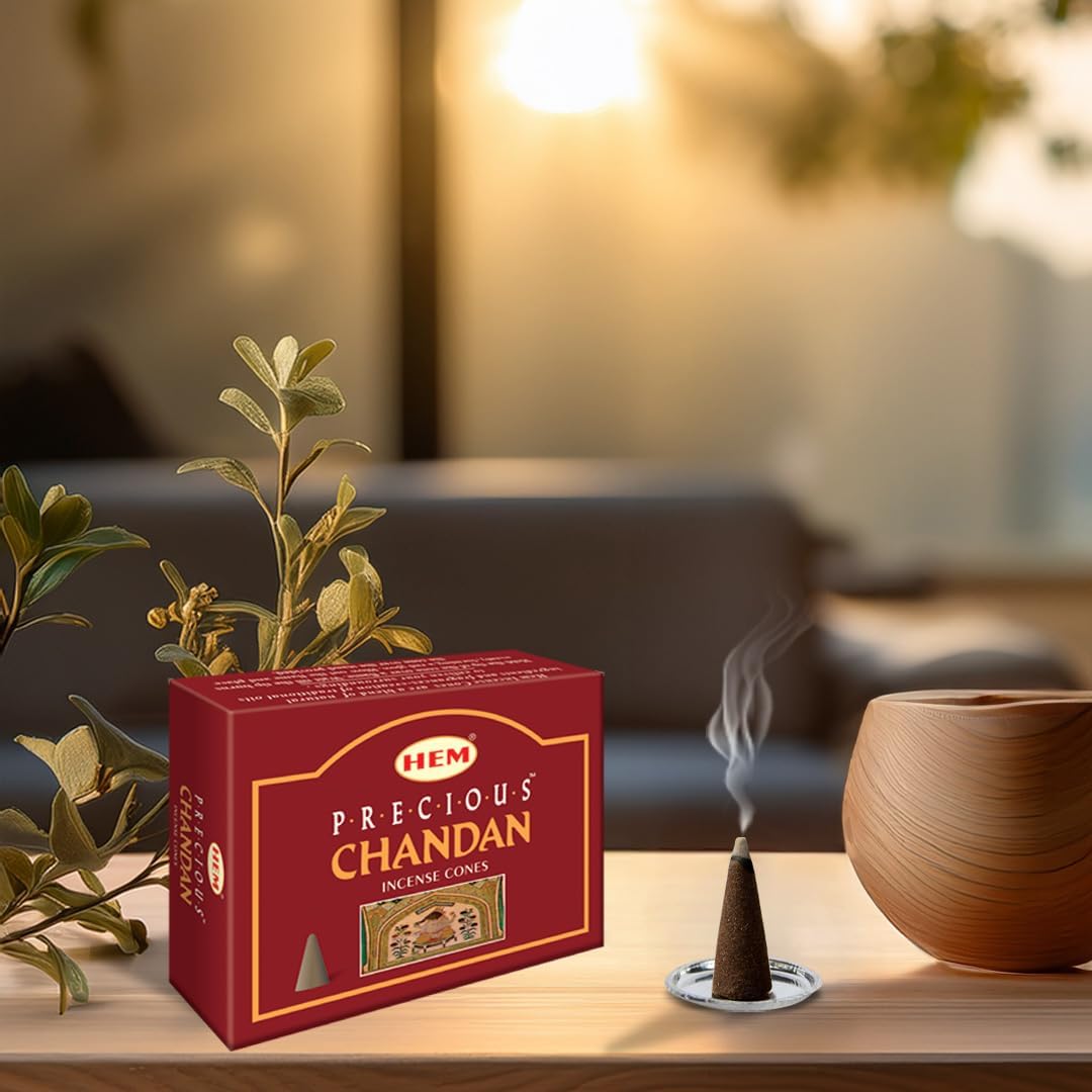 HEM Precious Chandan Incense Cones Pack of 120 | Natural Sandalwood Aroma for Positivity & Air Purifier | Pure House, Wood Powder | Home Essential, Aromatherapy Incense for Stress Relief & Cleansing