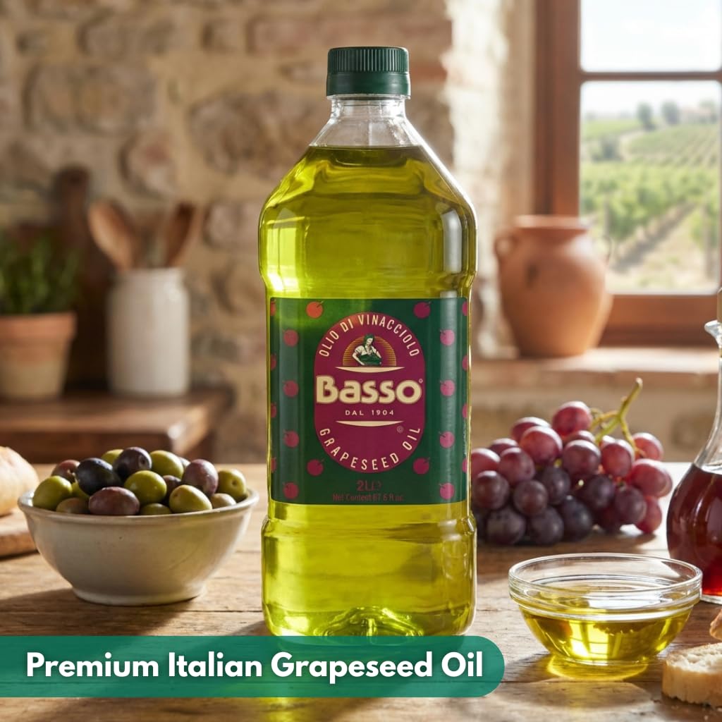 BASSO 1904 - Italian Grapeseed Oil Cooking, 67.6 fl oz (2 liters), Product of Italy, Light Neutral Oil for Everyday Kitchen Use