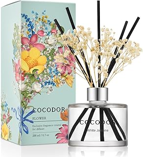 COCODOR Flower Reed Diffuser Set / 6.7oz / White Jasmine/Scent Diffuser with Sticks Home Fragrance Reed Diffuser for Bathroom Shelf Decor
