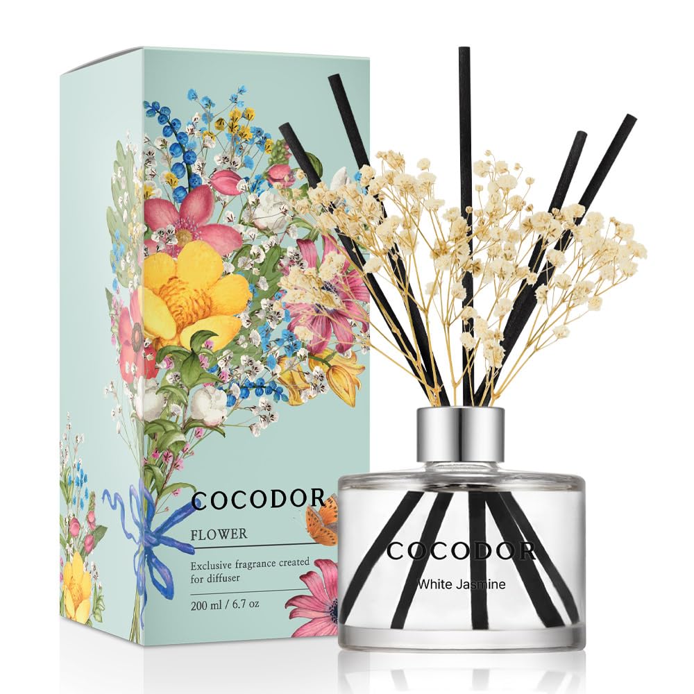 COCODOR Flower Reed Diffuser Set / 6.7oz / White Jasmine/Scent Diffuser with Sticks Home Fragrance Reed Diffuser for Bathroom