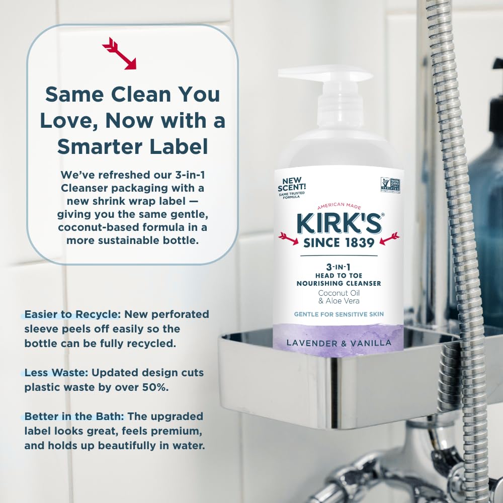 Kirk's Lavender & Vanilla 3-in-1 Nourishing Cleanser, Shampoo Body Wash Bubble Bath, Coconut Oil and Aloe Vera, Vegan Non-GMO, 32 Fl Oz
