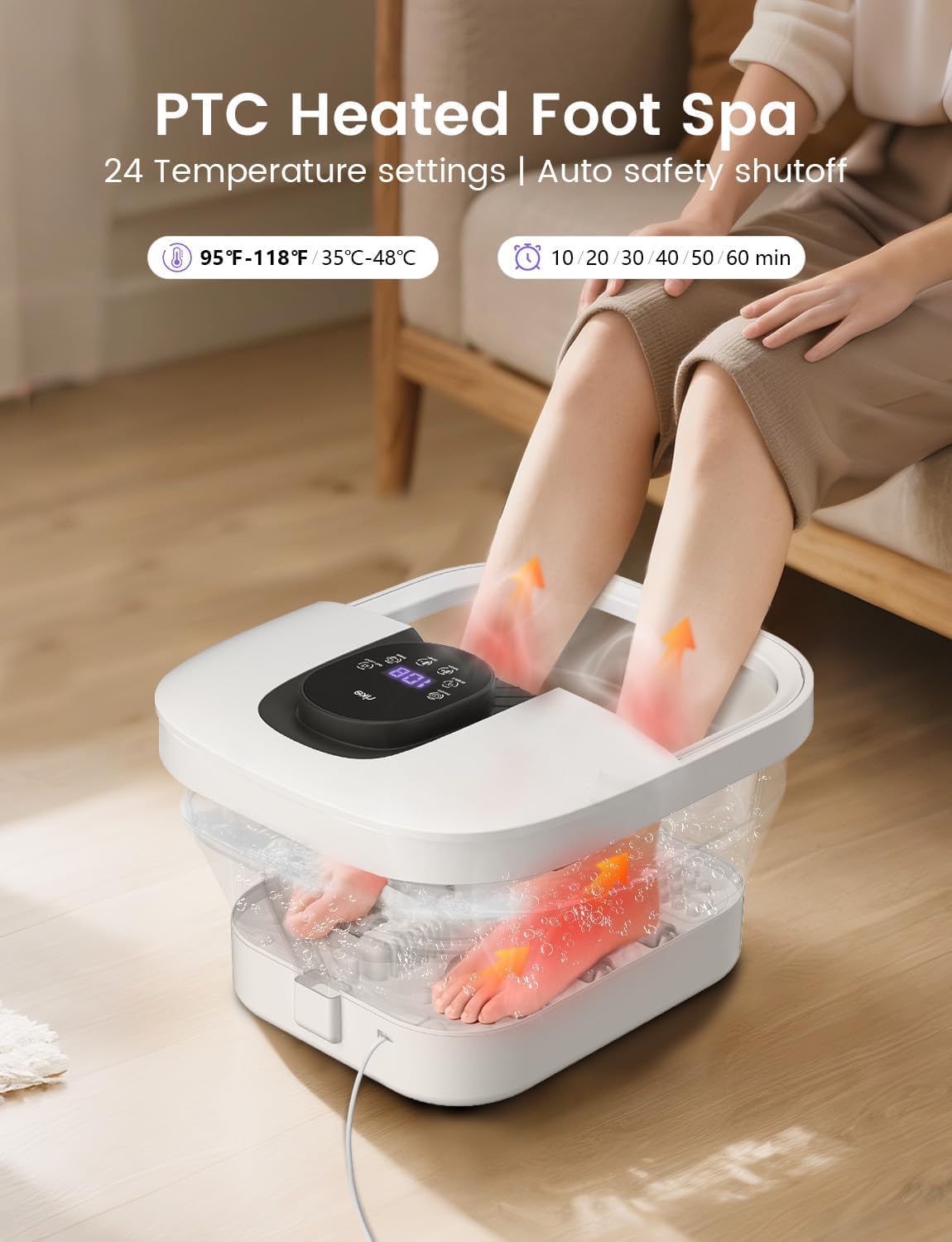 RIKE Collapsible Foot Spa with Fast PTC Heating and Massage, 14 Temp Control Precise Heated Foot Bath, Smart Digital Touch Screen & Ambient Light, Space-Saving Design,2026 Fathers Day Gift for Men