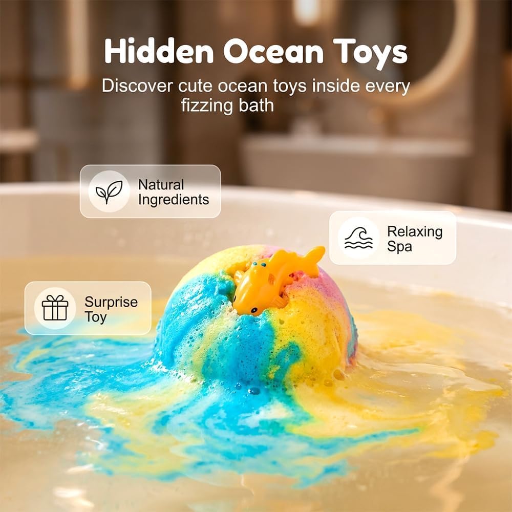 Ocean Themed 12 Pack Kids Bath Bombs with Hidden Sea Animal Toys, Gentle Bubbling Bath Fizzies, Ideal Birthday Party Gifts for Boys and Girls (Delivery Within 3 to 5 Days)