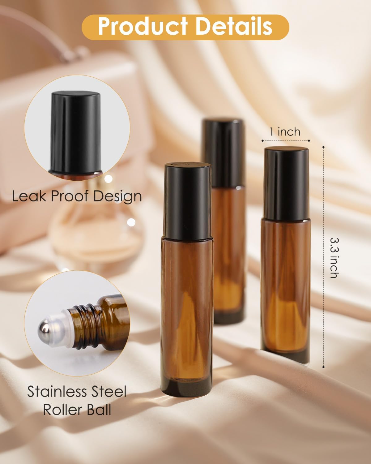 Worldgsb 4 Pack Essential Oil Roller Bottles, 10ml Refillable Amber Glass Roller Bottles with Stainless Steel Roller Balls and Caps for Travel, Perfume and Lip Gloss
