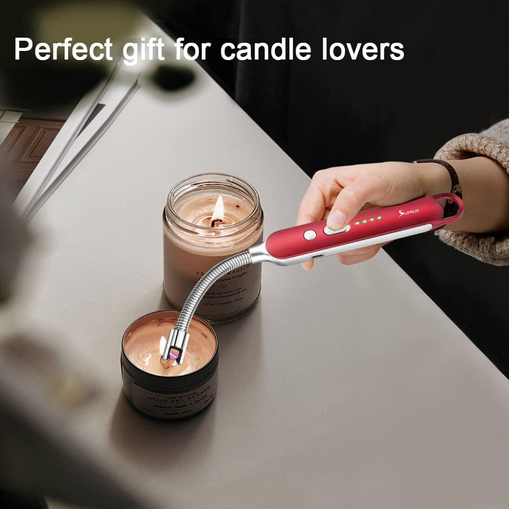 SUPRUS Electric Rechargeable Arc Lighter with LED Battery Display Long Flexible Neck USB Lighter for Candle Cooking (Red)