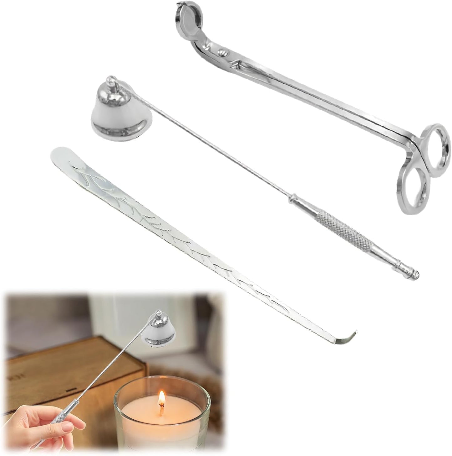 Set of 3, Candle Wick Trimmer, Candle Snuffer and Wick Dipper & Candle Accessory Set, Candle Care Kit for Candle Lover (Silver)