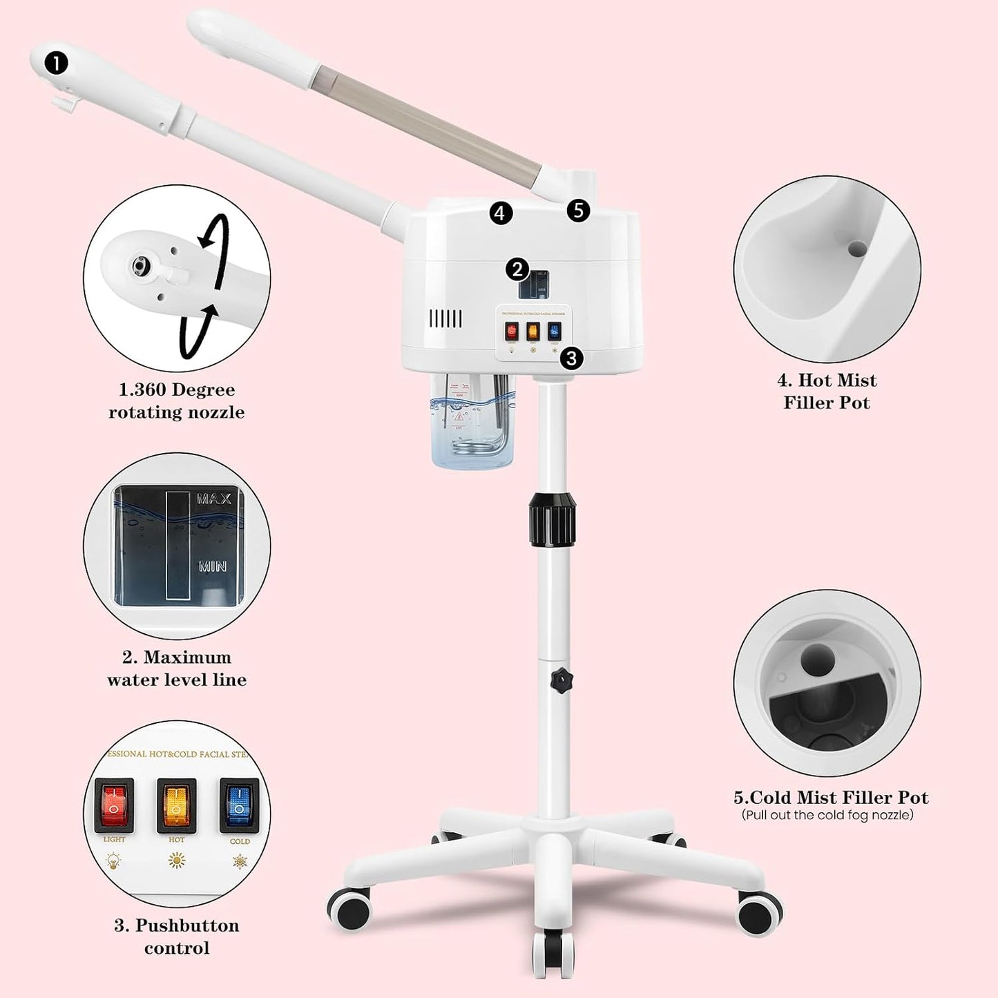 2 in 1 Hot & Cold Mist Facial Steamer, Professional Face Steamer on Wheels for Beauty Salon, Spa and Home Use