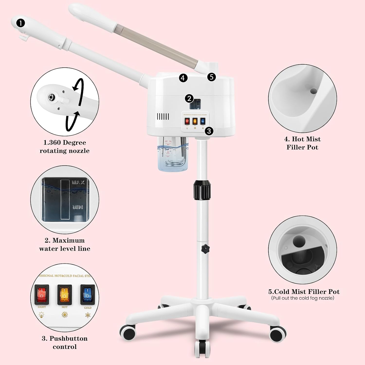 2 in 1 Hot & Cold Mist Facial Steamer, Professional Face Steamer on Wheels for Beauty Salon, Spa and Home Use