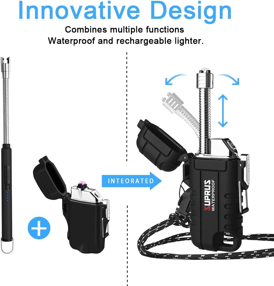 SUPRUS Waterproof Lighter Windproof Lighter Arc Plasma Lighters USB-C Rechargeable with Expandable and Flexible Neck for Outdoor, Camping & Kitchen (Black)