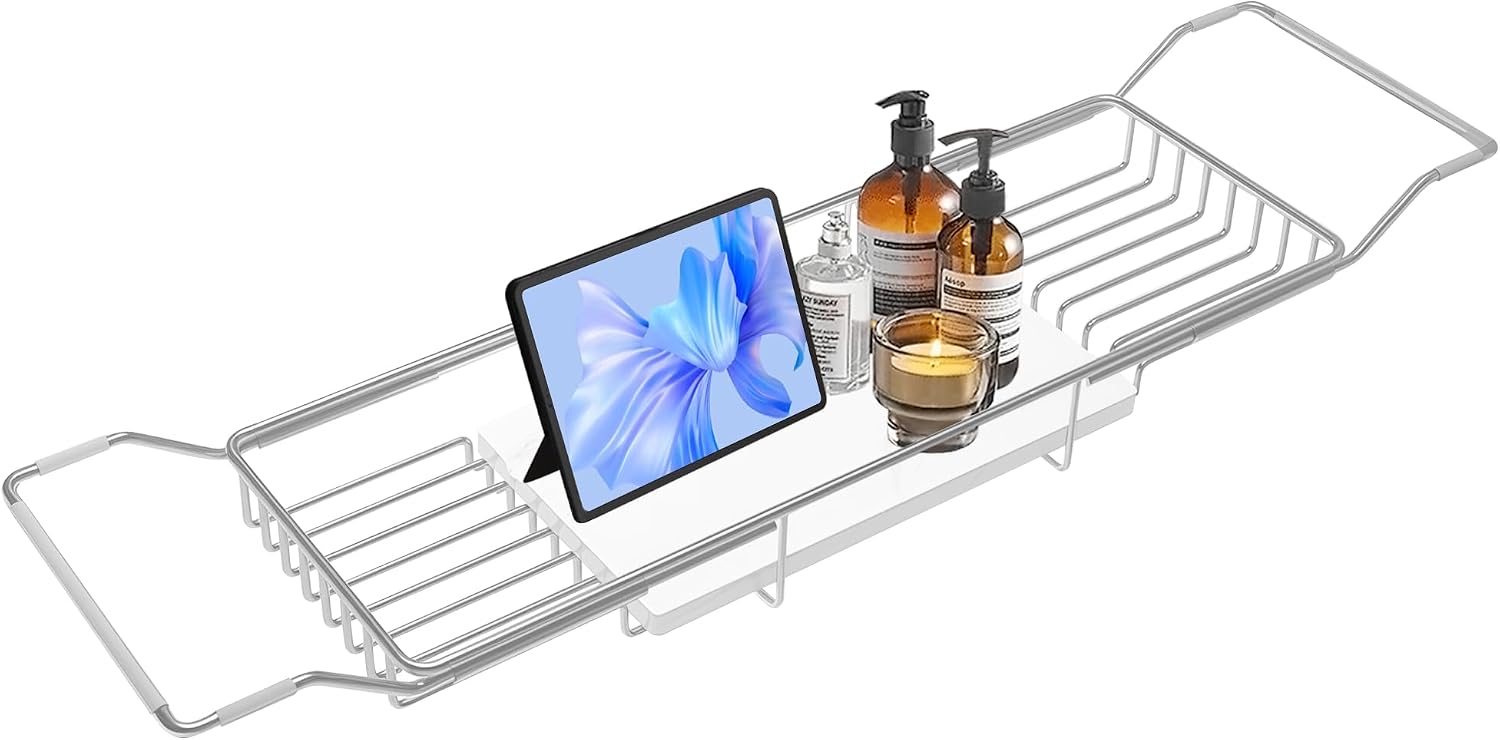 BVL Bathtub Tray Stainless Steel with Marble Base Chrome Bathtub Tray with White Marble Base Adjustable & Rustproof Bath Caddy for Spa, Relaxation, Bath Bombs