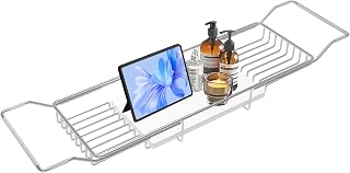 BVL Bathtub Tray Stainless Steel with Marble Base Chrome Bathtub Tray with White Marble Base Adjustable & Rustproof Bath Caddy for Spa, Relaxation, Bath Bombs