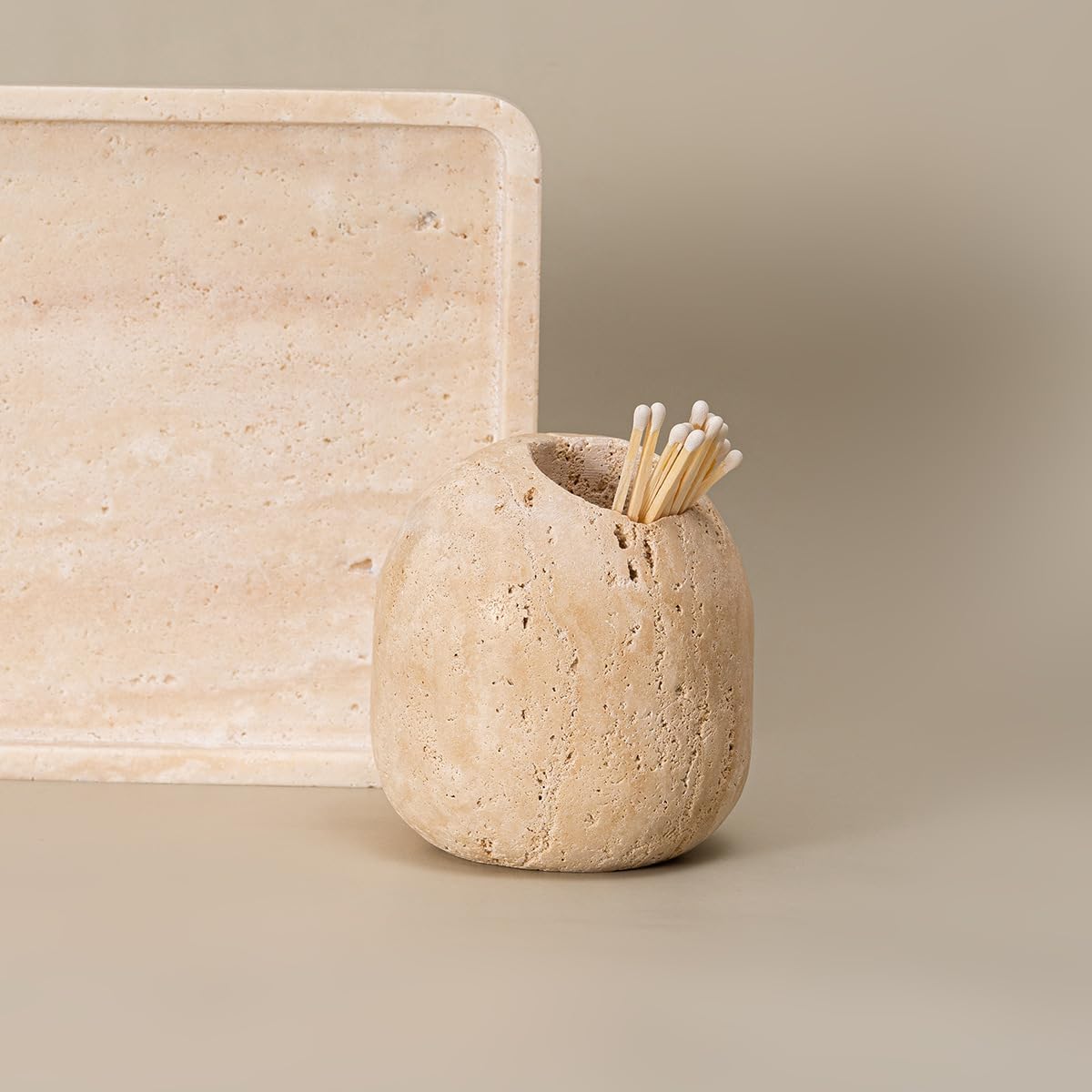 100% Travertine Toothpick Holder | Match Holder | Cute Beige Match Jar | Matches Box for Candles or Bathroom Decor | 2.1*2.1*2.2 | Toothpicks NOT Included