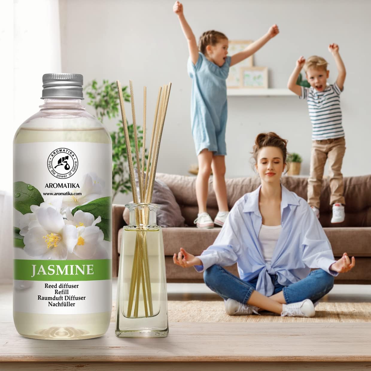 Jasmine Reed Diffuser Refill w/Natural Essential Jasmine Oil 17 Fl Oz - Fresh & Long Lasting Fragrance - Scented Reed Diffuser Oil Refill - Best for Aromatherapy - SPA - Home