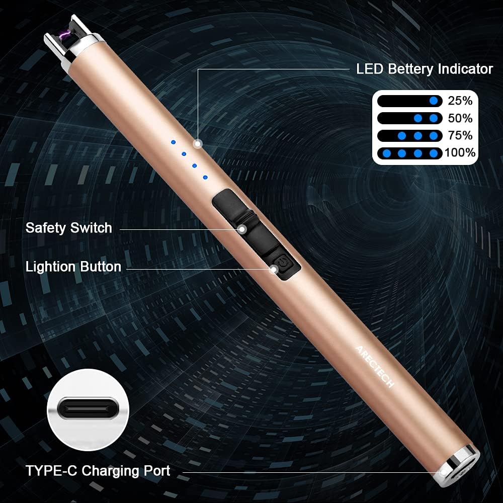 ARECTECH Rechargeable Electric Candle Lighter, Arc Plasma Windproof Lighter for Candle Kitchen Birthday, Christmas Stocking Stuffers Gifts for Mom Men Wife with Type-C Cable, Gold