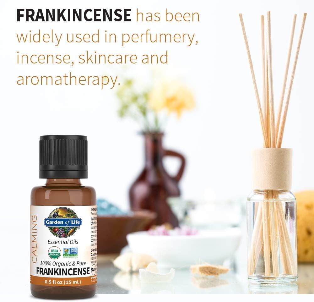Garden of Life Essential Oil, Frankincense 0.5 fl oz (15 mL), 100% USDA Organic & Pure, Clean, Undiluted & Non-GMO - for Diffuser, Aromatherapy, Meditation, Skincare - Calming, Uplifting, Soothing