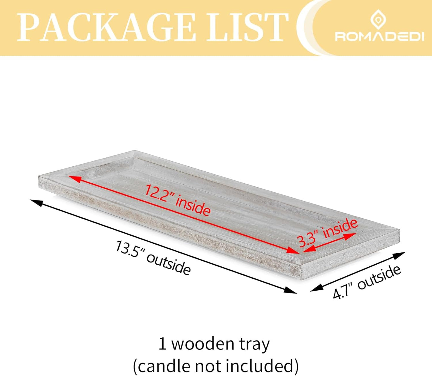 Romadedi Wooden Decorative Tray Candle Holder - 13.5 inch Wood Long Narrow Tray Home Decor Small Rustic Farmhouse Centerpieces Trays for Coffee Table Dining Room Living Room, Whitewashed