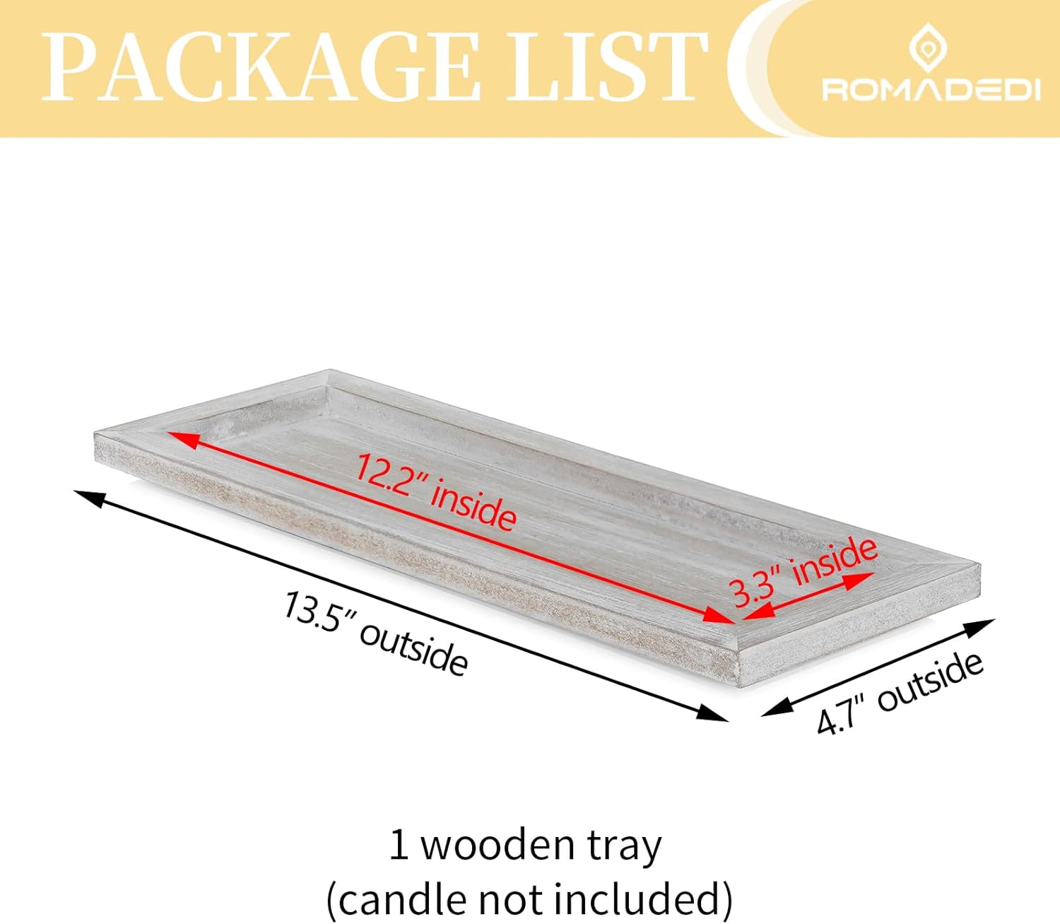Romadedi Wooden Decorative Tray Candle Holder - 13.5 inch Wood Long Narrow Tray Home Decor Small Rustic Farmhouse Centerpieces Trays for Coffee Table Dining Room Living Room, Whitewashed