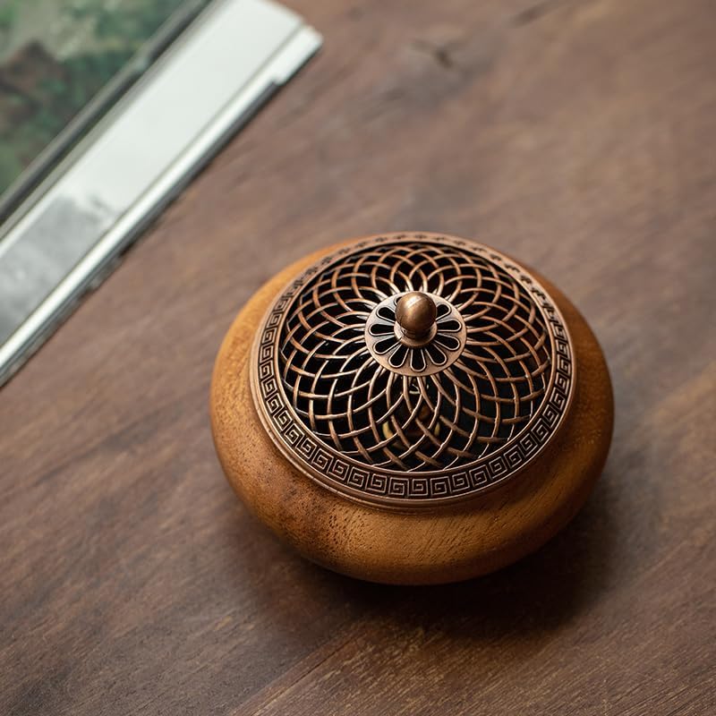 Round Incense Burner - Handcrafted Wooden Censer with Alloy Lid for Sticks/Cones/Sage, Natural Wood Aroma Tray Holder for Yoga Meditation