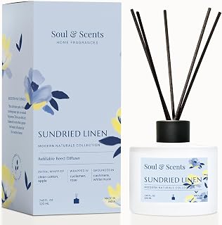 Soul & Scents Reed Diffuser Set – Sundried Linen | 7.43 oz Refillable Scented Oil with 6 Fiber Sticks | Long-Lasting Home Fragrance & Air Freshener for Bedroom, Bathroom, Office | Gift & Décor Piece